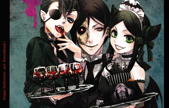 Halloween, kuroshitsuji, sebastian michaelis, eye patch, horror, blood on the lips, ciel phantomhive, dark Butler