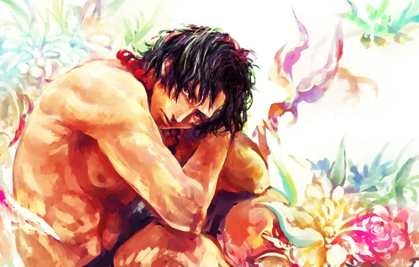 Picture look, flowers, anime, art, beads, guy, One Piece, art