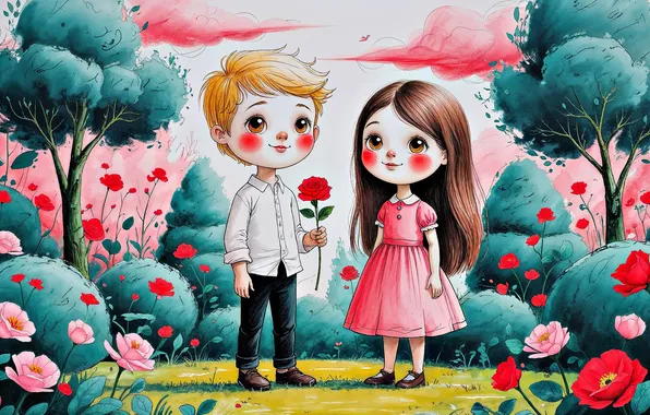 Love, nature, holiday, heart, rose, heart, boy, girl
