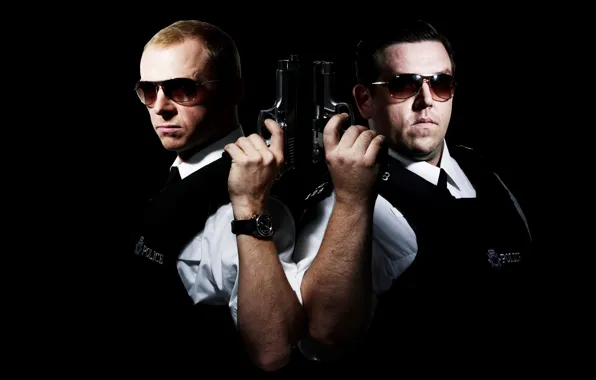 Weapons, gun, black background, police, Simon Pegg, Nick Frost, Simon Pegg, police