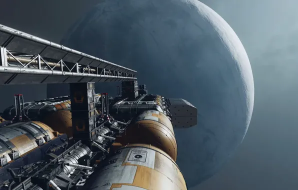 Space, ship, planet, station, starfield