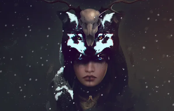 Look, girl, snow, skull, wolf, deer, art, horns