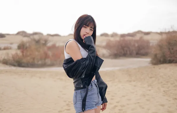 Asian, model, women, brunette, leather jacket, Xiuren, looking at viewer, women outdoors