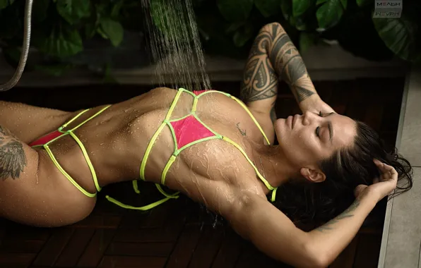 Water, girl, pose, hands, figure, tattoo, shower, bikini
