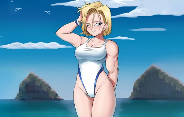 Girl, sexy, cleavage, sky, green eyes, sea, boobs, anime