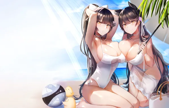 Sexy, cleavage, beach, long hair, sea, girls, boobs, anime