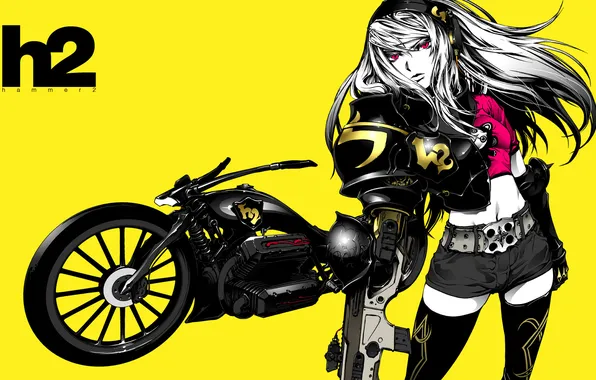 Girl, art, motorcycle, yellow background, nagimiso