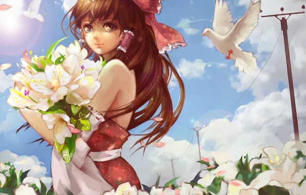 Girl, flowers, bird, dove, bouquet, art, touhou, hakurei reimu