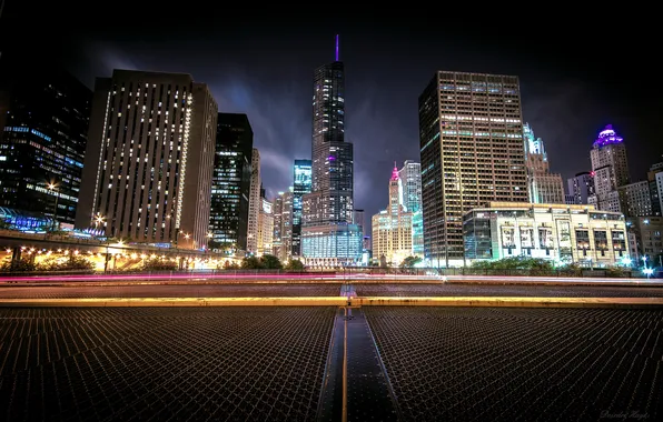 Picture night, the city, lights, river, skyscrapers, Chicago, Illinois