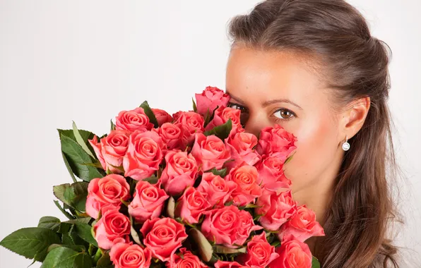 Picture look, girl, flowers, roses, earrings