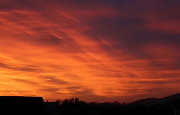 Picture roof, the sky, clouds, trees, sunset, home, silhouette
