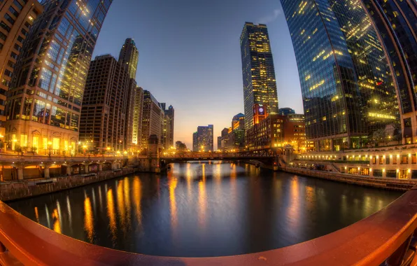 Picture the city, river, skyscrapers, the evening, USA, Chicago, illinois