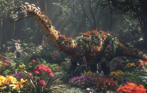 Flowers, Trees, Dinosaur, Neck, Animal, Tail, Digital art, Ancient animals