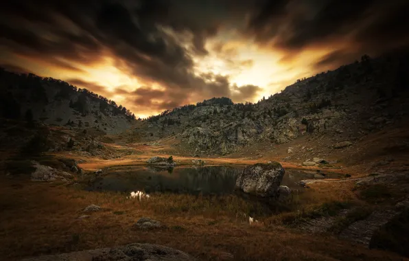 Mountains, clouds, lake