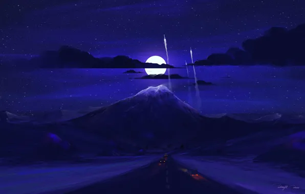 Road, clouds, mountains, machine, The moon, missiles, art, top