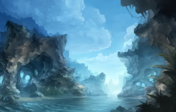Picture clouds, river, rocks, painted landscape