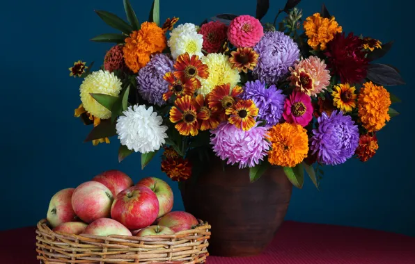 Autumn, flowers, apples, bouquet, colorful, fruit, still life, flowers