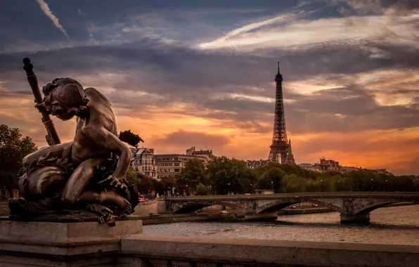 Sunset, river, France, Paris, Eiffel tower, Paris, sculpture, bridges