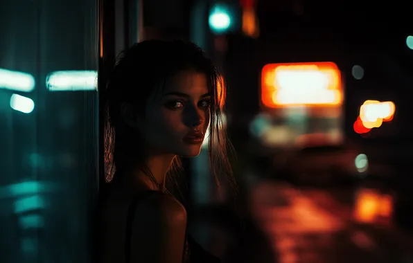 Night, city lights, street, women, brunette, reflection, bare shoulders, AI art