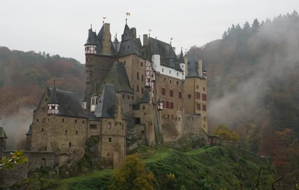 The sky, trees, fog, Germany, Germany, ELTZ castle, medieval architecture, Elz Castle