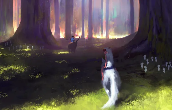 Picture forest, wolf, glow, art, knife, Princess Mononoke