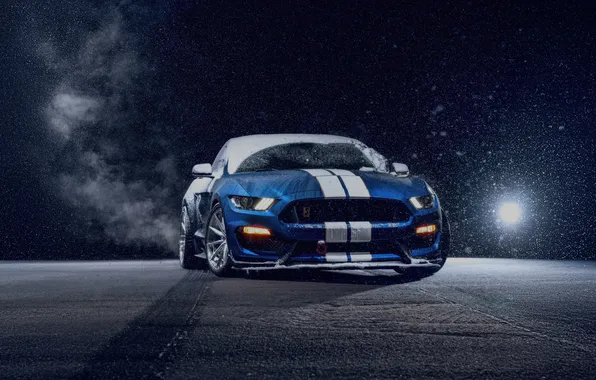 Lights, Ford Mustang, blue, night, muscle car, snow