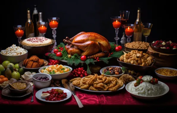Balls, food, candles, glasses, Christmas, New year, feast, Christmas decorations