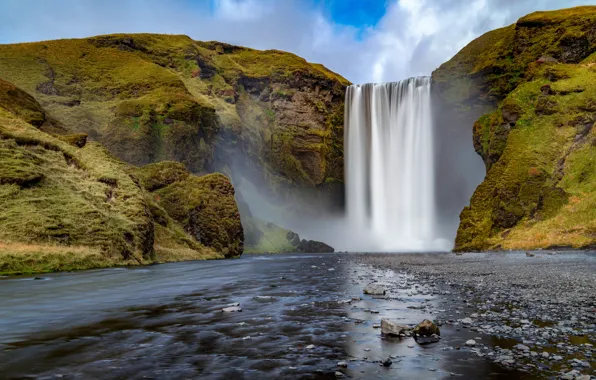The sky, mountains, river, stones, rocks, shore, waterfall, stream