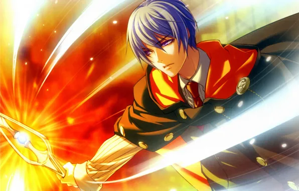 Picture lights, magic, guy, cloak, blue hair, wand of fortune, visual novel, julius fortner