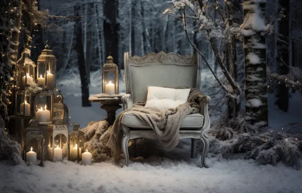 Winter, frost, snow, decoration, room, tree, interior, chair