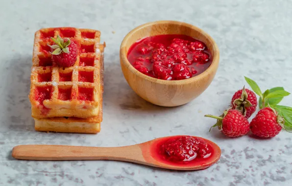 Berries, raspberry, spoon, waffles, jam, raspberry