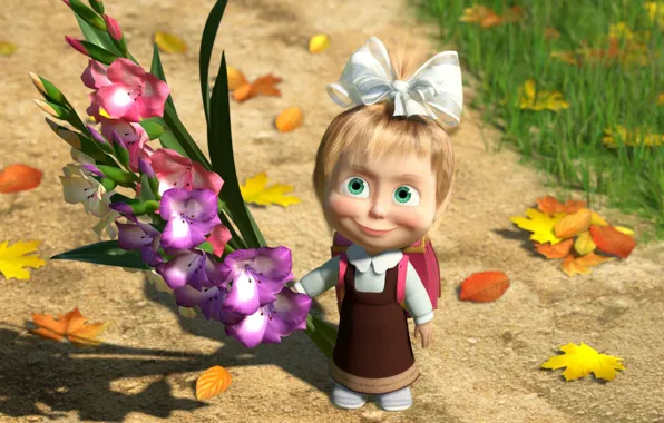 Picture autumn, leaves, flowers, school, Masha and the bear, 1 Sep