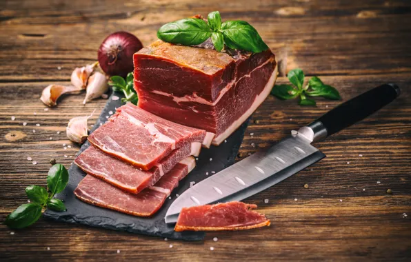 Greens, bow, knife, meat, cutting, spices, garlic, fat