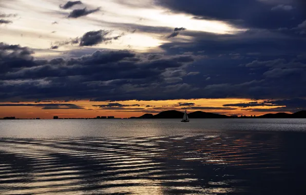 Picture the sky, water, clouds, lake, boat, ship