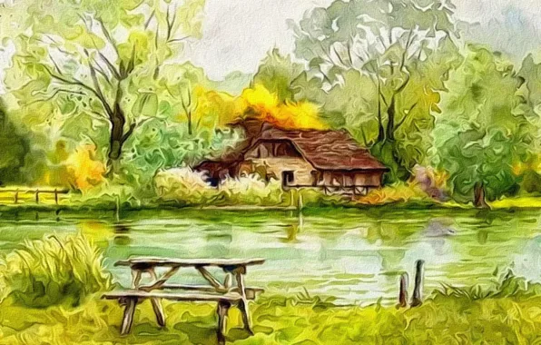 Trees, abstraction, rendering, figure, canvas, the beginning of autumn, acrylic, The lake house