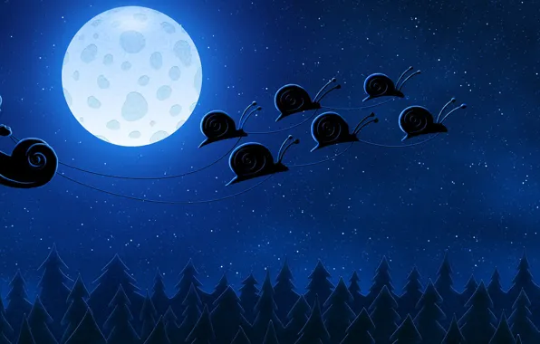 Night, the moon, snails, flight, sleigh, dwarf, VLADSTUDIO