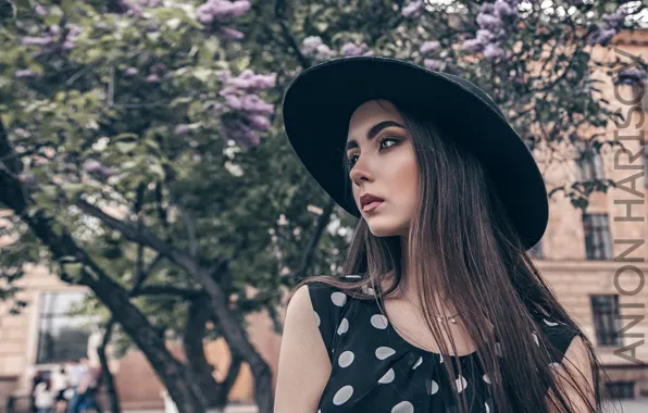 Model, portrait, hat, makeup, brunette, hairstyle, in black, bokeh
