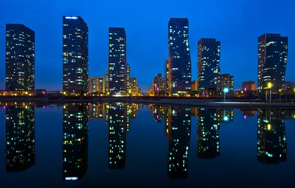 Water, reflection, night, the city, lights, home, Asia, Korea