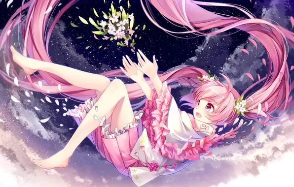 Picture the sky, girl, stars, clouds, flowers, smile, bouquet, anime