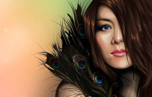 Girl, face, feathers, art, peacock