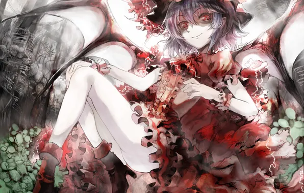 Girl, flowers, wings, dress, vampire, legs, sitting, red eyes