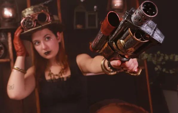 Look, girl, style, weapons, hat, glasses, Steampunk
