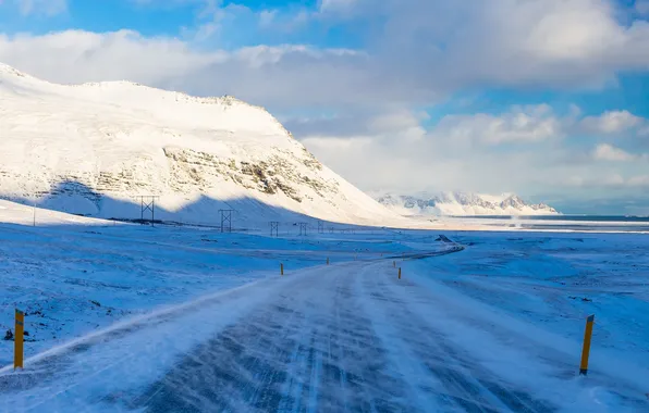 Winter, road, clouds, snow, mountains, nature