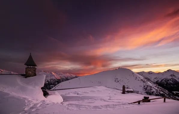 Winter, snow, landscape, sunset, mountains, nature