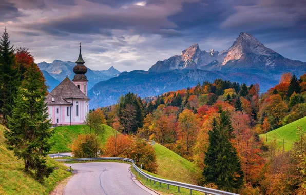 Road, autumn, forest, trees, mountains, Germany, Bayern, Church