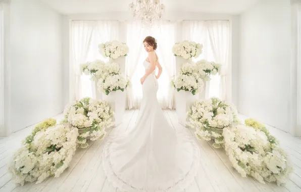 Flowers, Dress, The bride, Girl