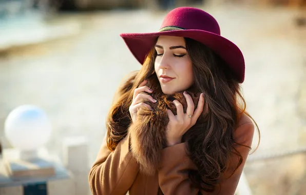 Girl, light, face, portrait, hat, hands, makeup, brown hair