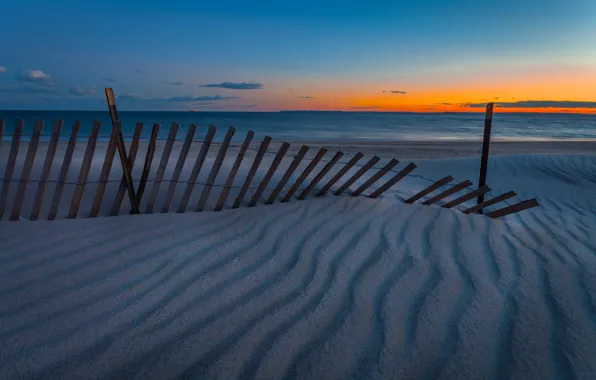 Picture beach, twilight, sea, sunset, seascape, sand, fence, dusk
