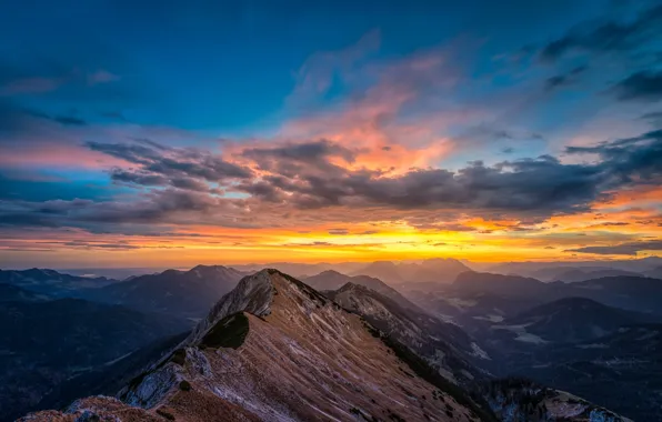 The sky, clouds, snow, mountains, nature, dawn, tops