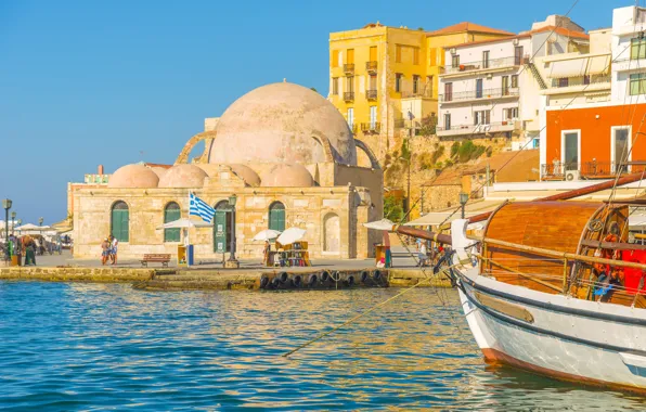 Sea, the sky, the sun, shore, home, yacht, Greece, pier